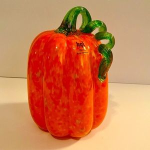 NWOT HQT Hand Crafted Orange and Green Glass Pumpkin